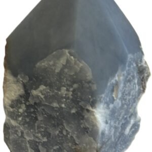 Natural rough angelite freeform with polished point 4 sians emporium Natural rough angelite freeform crystal with unpolished sides and a smooth polished blue point standing on a white background